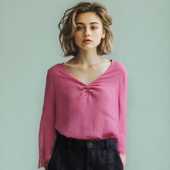 Hot Cotton Rose Pink Tone Pullover Styling 100% Linen Top, Size Small - Picture 3 of 6